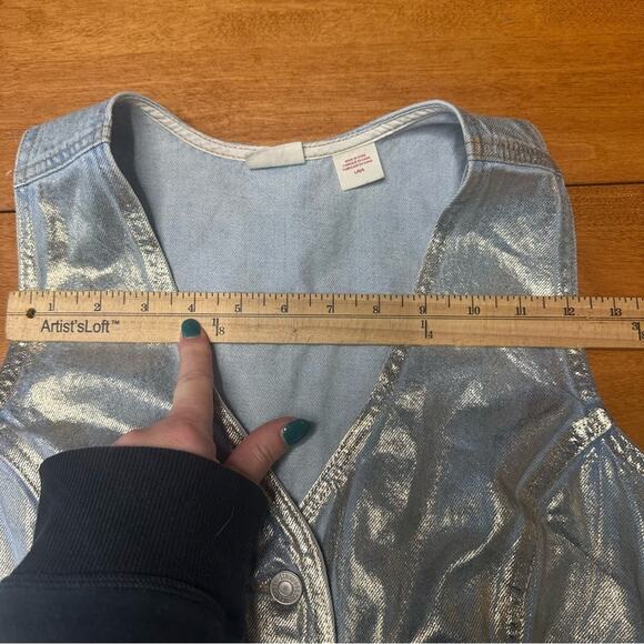 Levi’s Metallic Silver Jean Vest Corset Crop Top Sz L Festival Country Southern - Picture 9 of 11